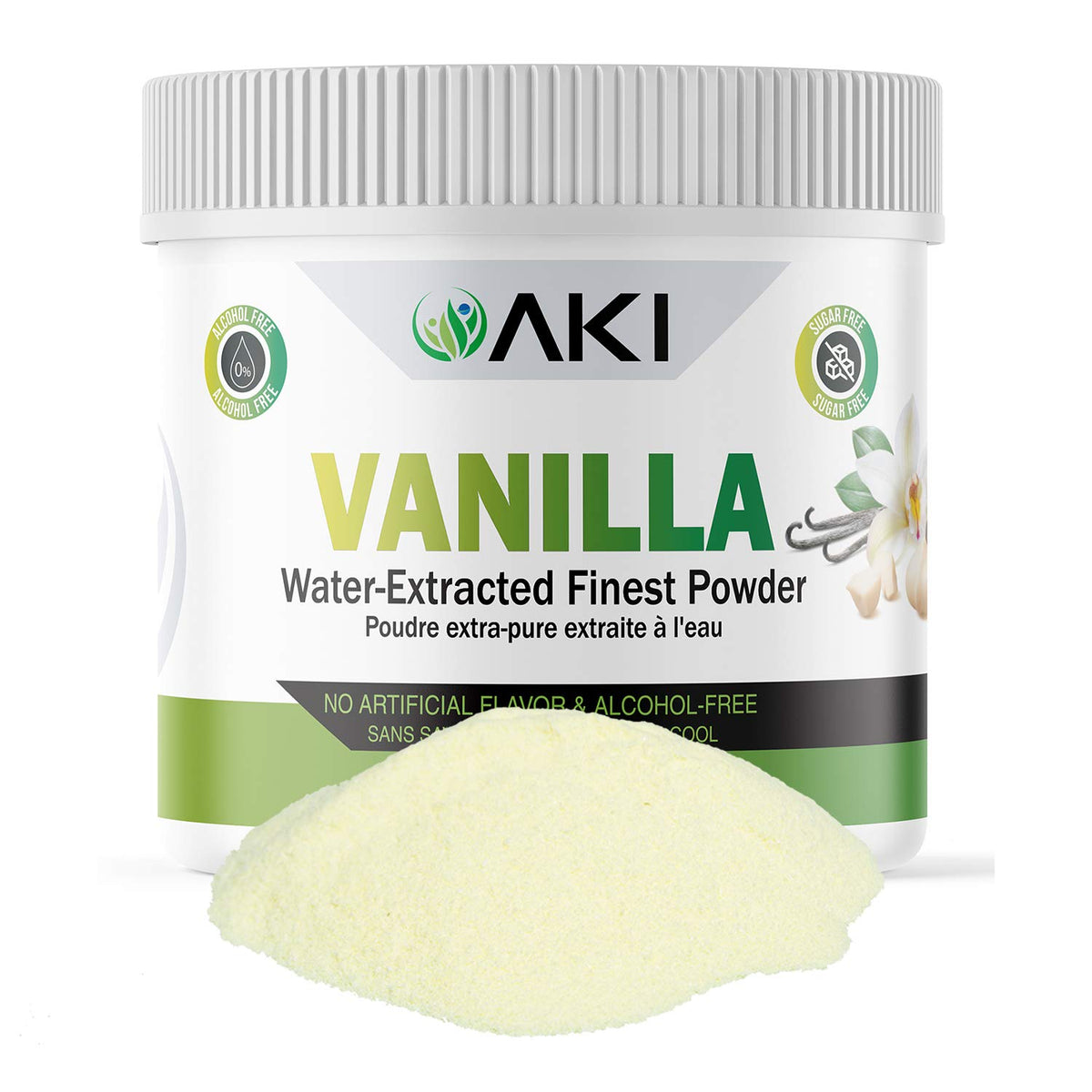 AKI Organic Aki Fine Vanilla Powder bottle delivers pure vanilla flavor for baking.