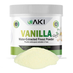 AKI Organic Aki Fine Vanilla Powder bottle delivers pure vanilla flavor for baking.