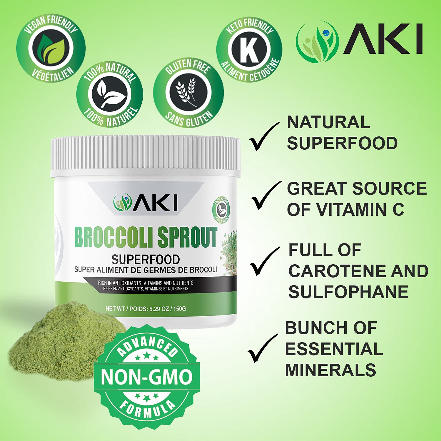 AKI Organic broccoli sprout powder glass beverage depicts easy integration into daily drinks.