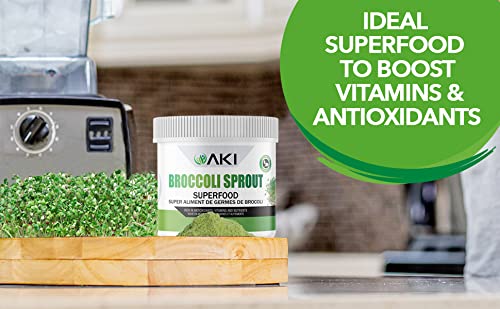 AKI Organic broccoli sprout powder kitchen setup signals simple meal prep and healthy recipes.