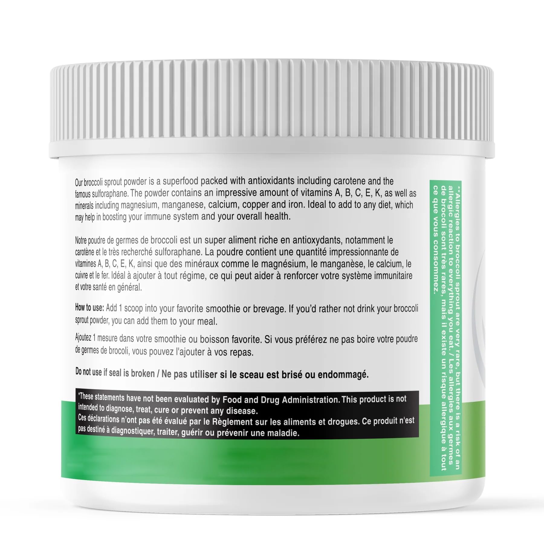 AKI Organic broccoli sprout powder measurement spoon captures precise dosing for recipes.