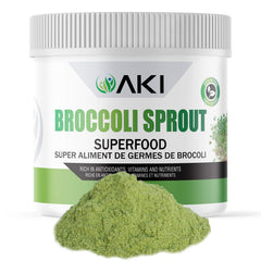 AKI Organic broccoli sprout powder pouch front demonstrates convenient plant-based nutrition for everyday meals.