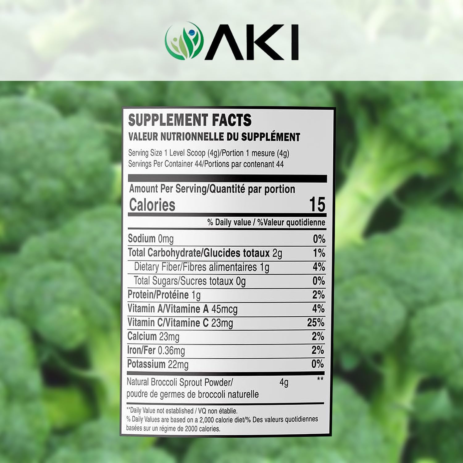AKI Organic broccoli sprout powder scoop suggests easy portion control for green smoothies.