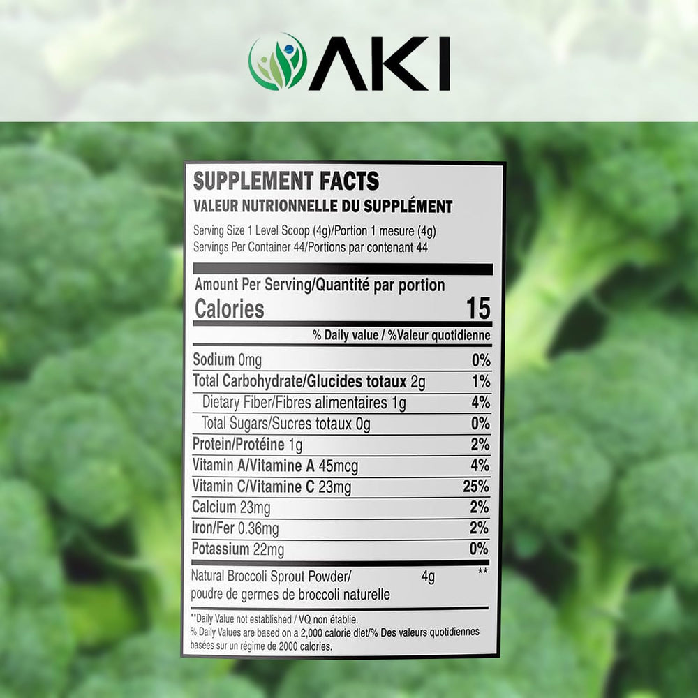 AKI Organic broccoli sprout powder scoop suggests easy portion control for green smoothies.
