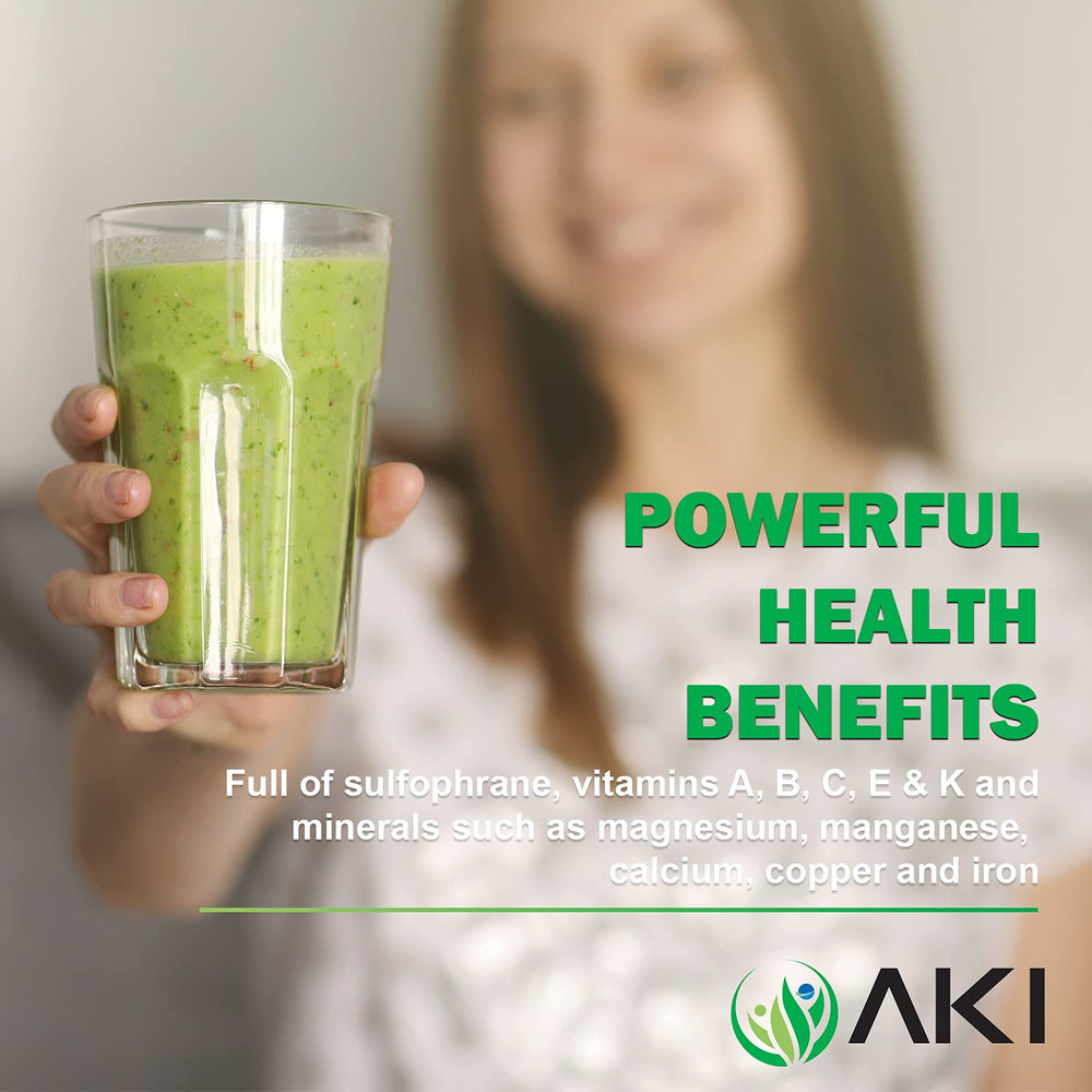 AKI Organic broccoli sprout powder smoothie bowl showcases green vitality and nutrient boost.