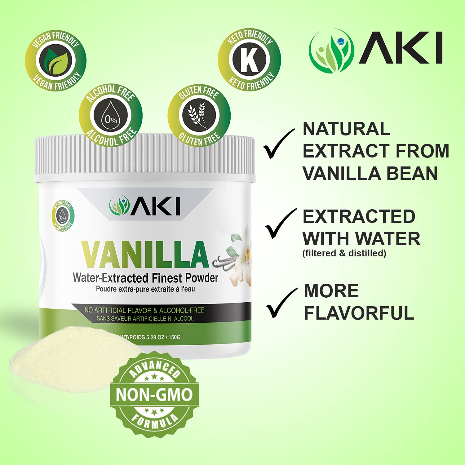 AKI Organic vanilla powder in coffee for fragrant notes.