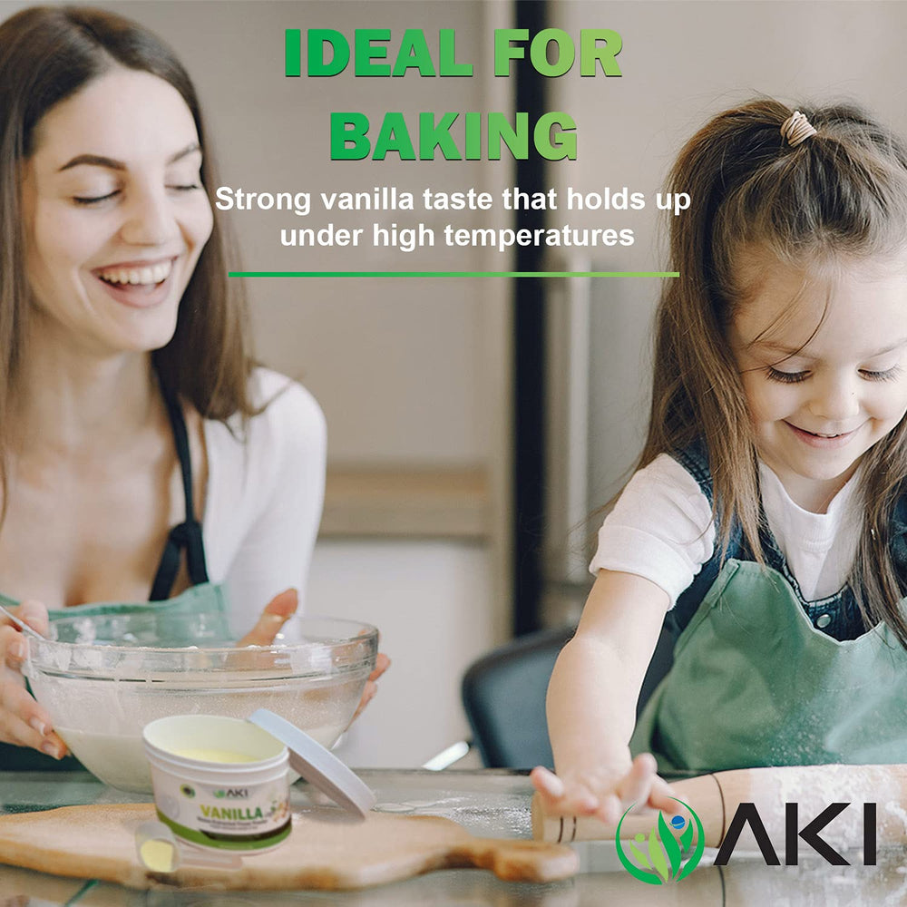 AKI Organic Vanilla Powder label highlights water extraction and monk fruit.