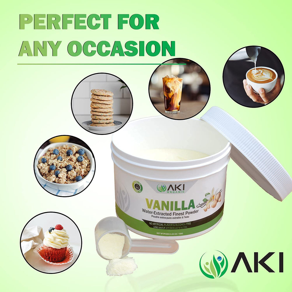 Aki Vanilla Powder jar label highlights non-GMO and vegan-friendly.