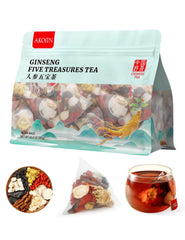 AKOIIN Ginseng Five Treasures Tea bags close-up, premium pyramid bags for a caffeine-free herbal ritual.