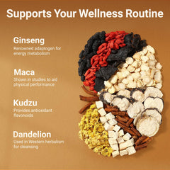 AKOIIN Ginseng Five Treasures Tea dry herbs close-up, highlighting natural ingredients from Chinese regions.