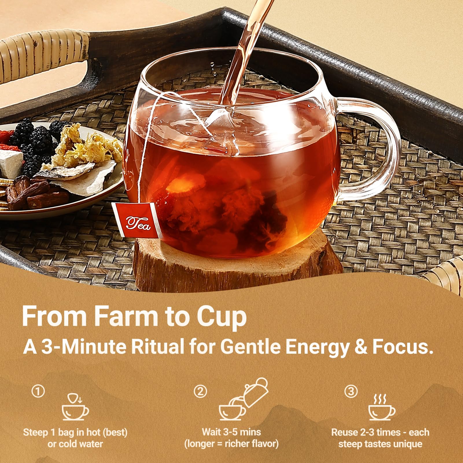 AKOIIN Ginseng Five Treasures Tea ready-to-steep pyramid bags on shelf, signaling freshness.