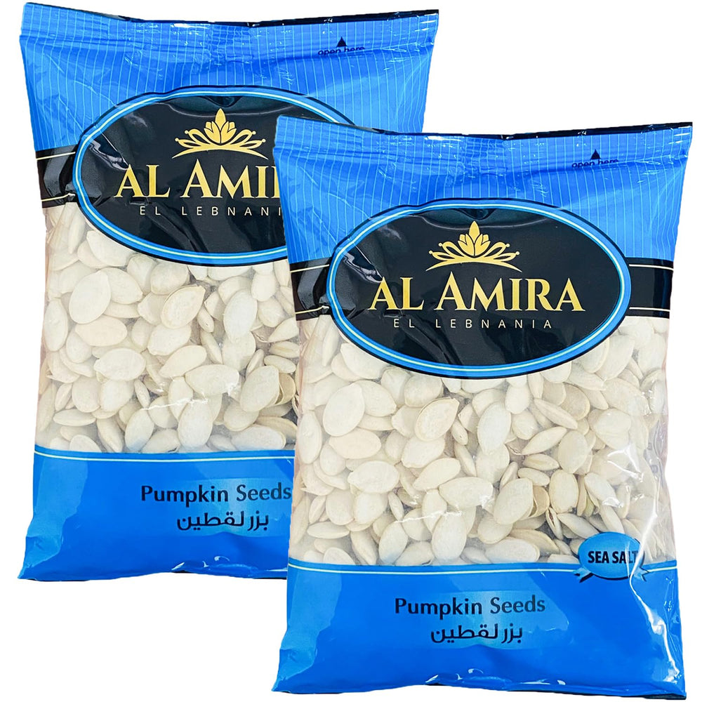 Al Amira pumpkin seeds front view with two packs, ideal for easy snacking