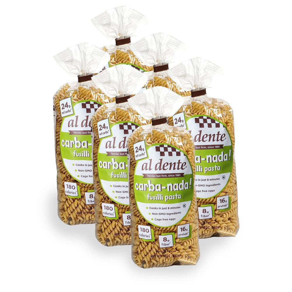 Al Dente Carba-Nada egg fusilli pack ready for six servings in a box