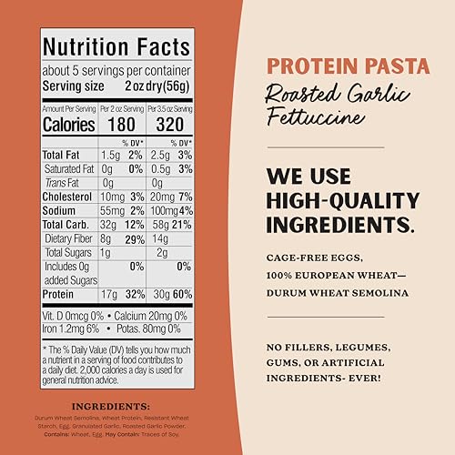 Al Dente Protein Pasta ingredients show cage-free eggs and durum wheat.