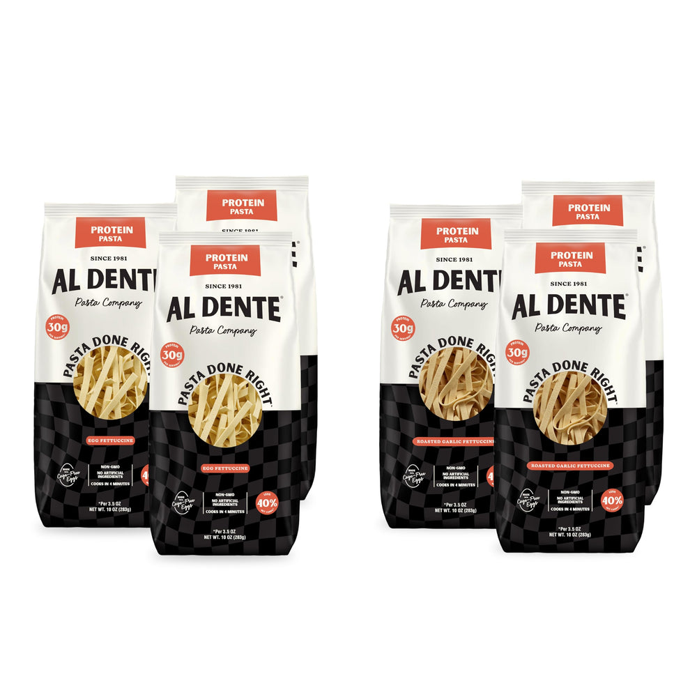 Al Dente Protein Pasta packaging shows six 10oz bags for easy planning.