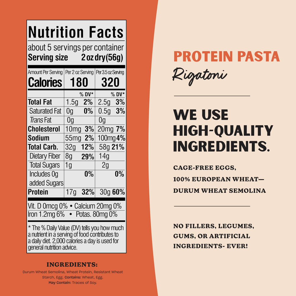 AL DENTE Protein Pasta ingredients: cage-free eggs and durum wheat semolina.