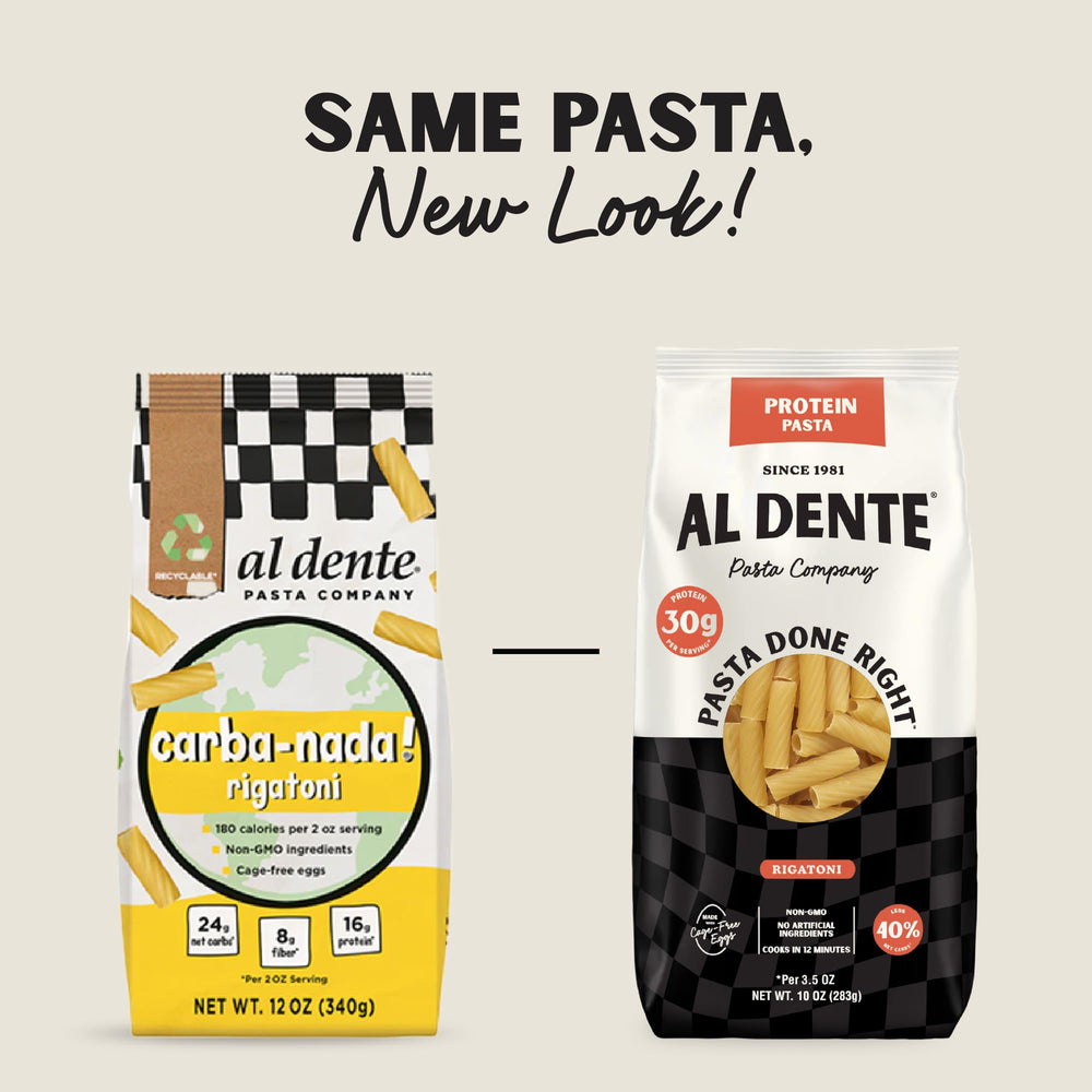 AL DENTE Protein Pasta packaging front with nutrition label.