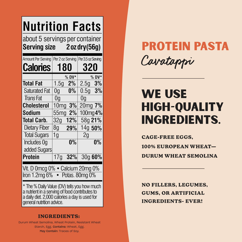 AL DENTE Protein Pasta Rigatoni on a plate with herbs, ideal for quick high-protein meals.