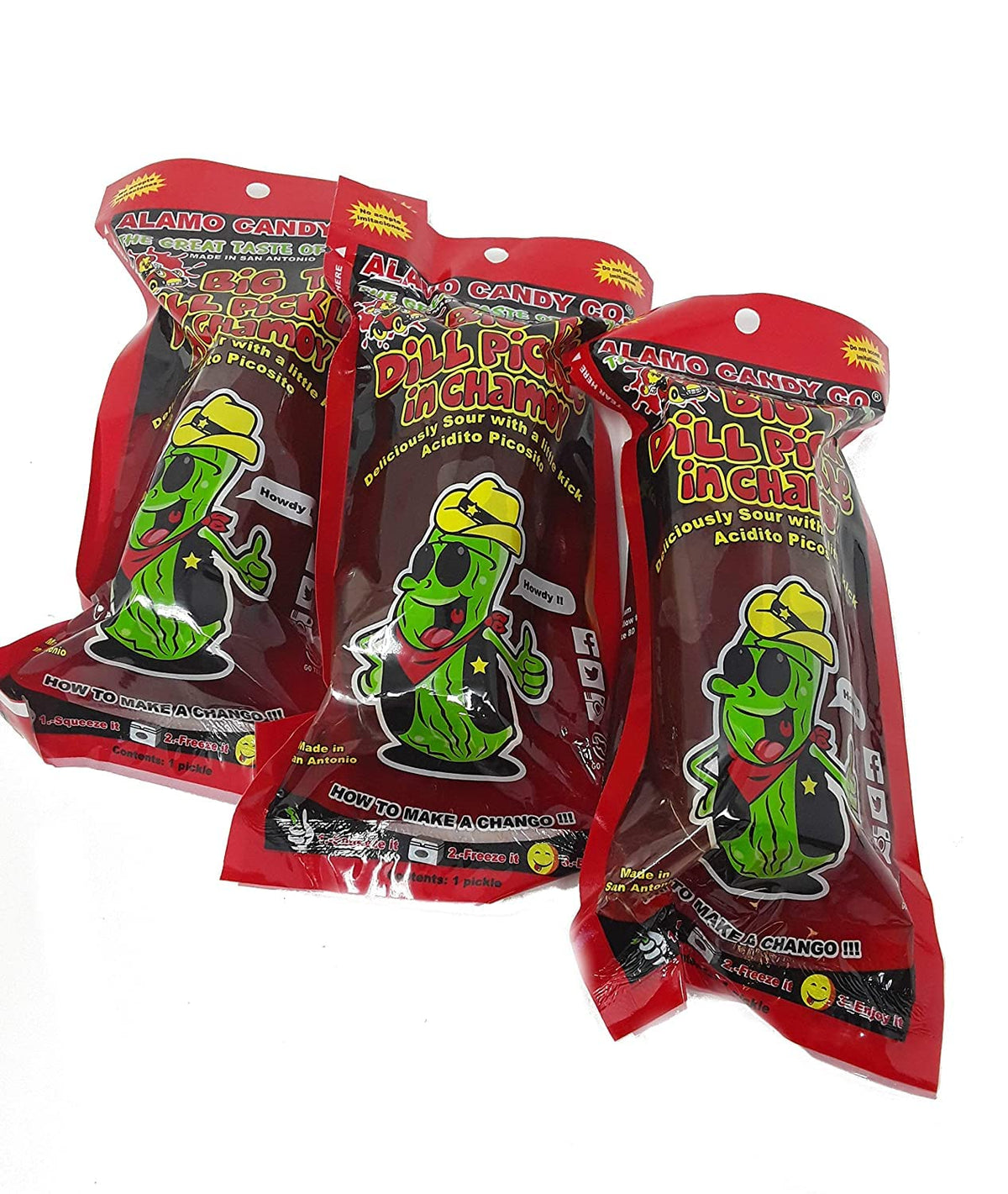 Alamo Candy Big Tex Dill Pickle in Chamoy front view shows the three-pack convenience