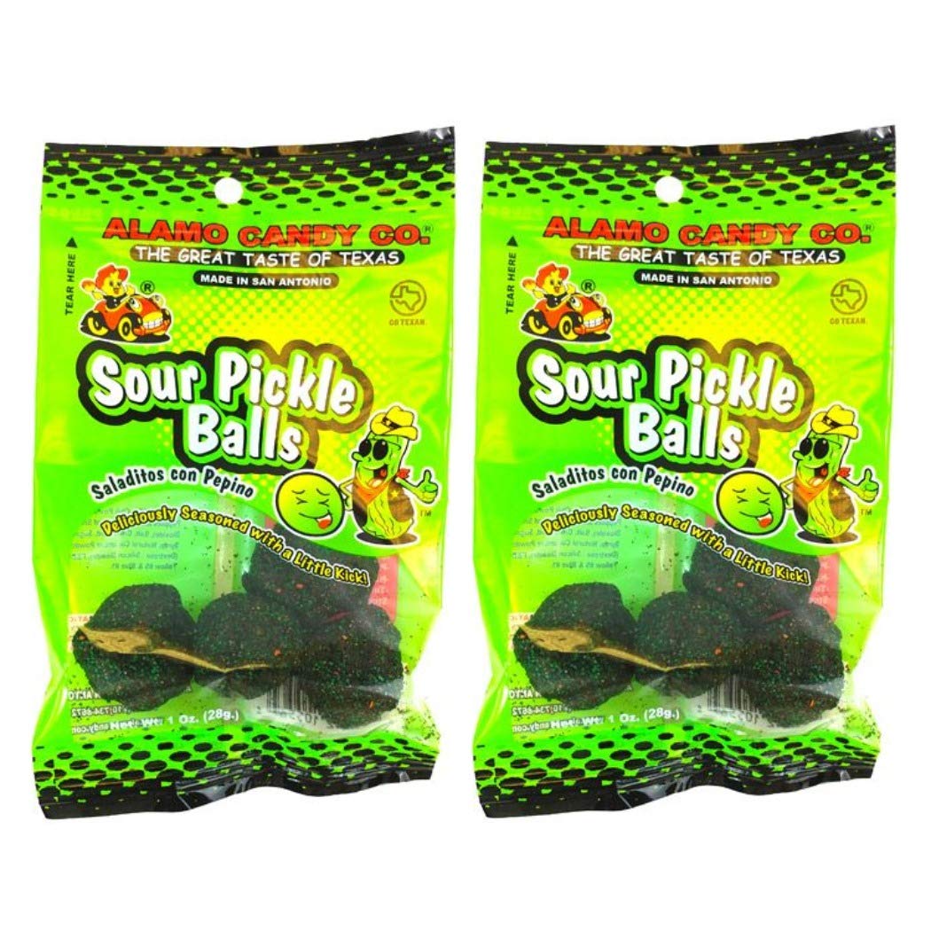 Alamo Candy Sour Pickle Balls 1oz pack of 2, tangy bite-sized snack for sharing.