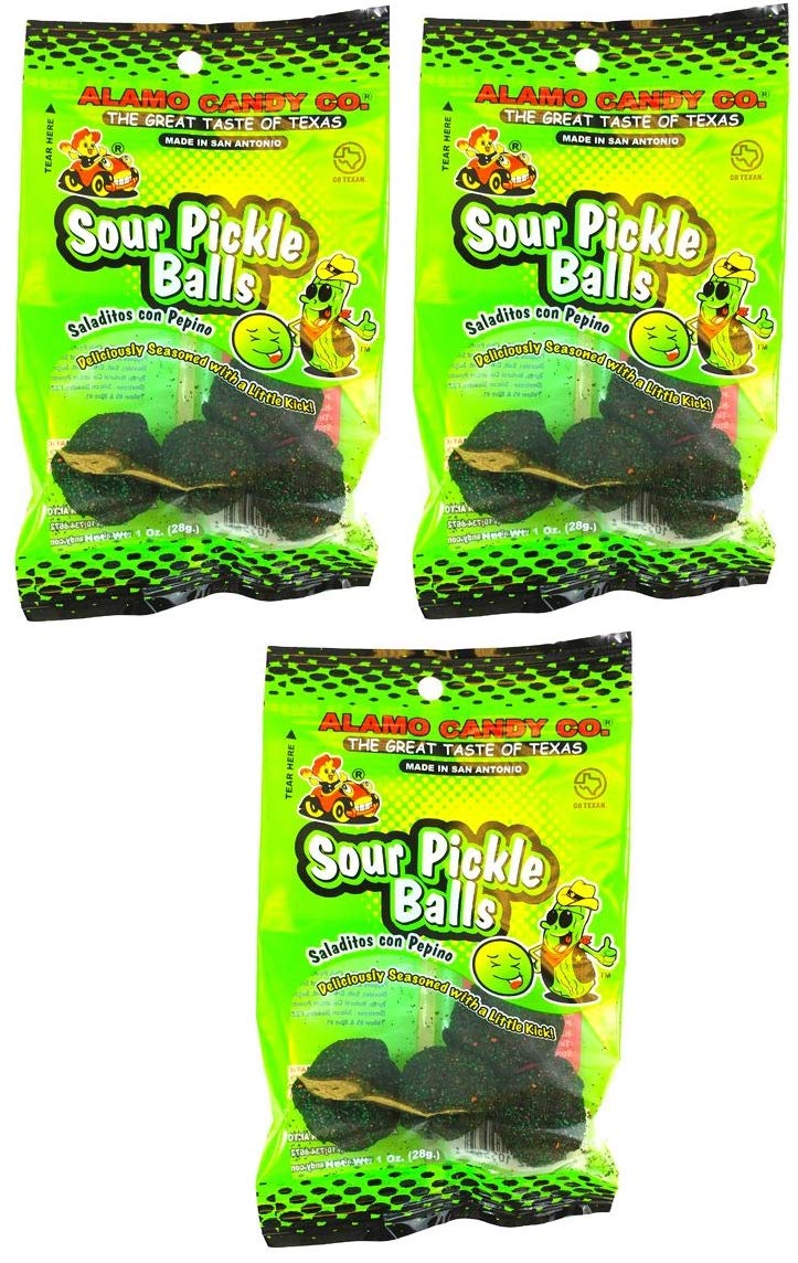 Alamo Candy Sour Pickle Balls 3-pack, tangy snack for bold cravings and on the go enjoyment
