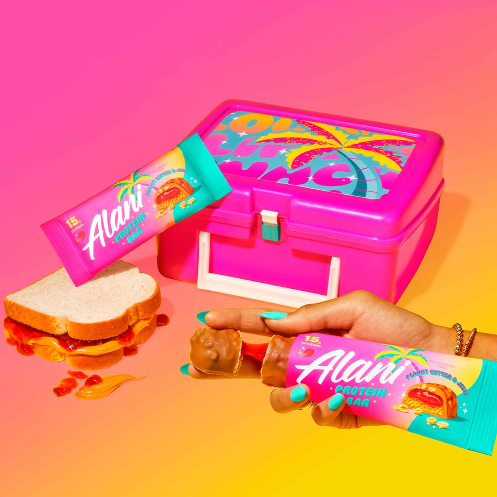 Alani Nu bar on gym bag with nutrition facts visible.