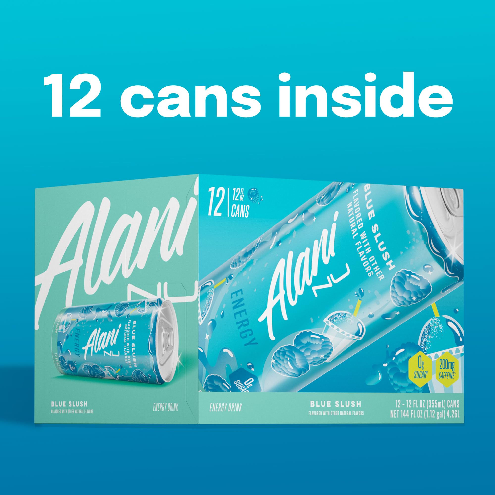 Brand hero shot of Alani Nu Blue Slush with vibrant blue branding
