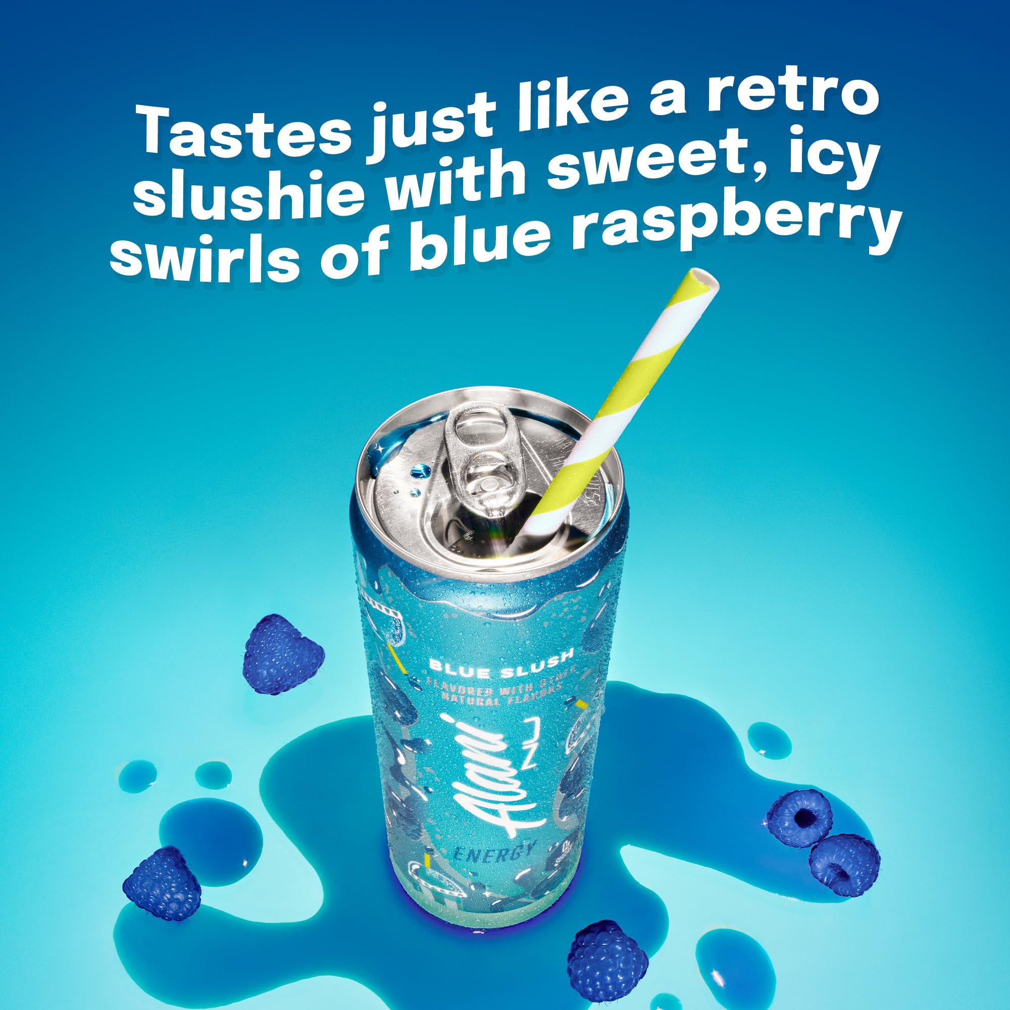 Alani Nu Blue Slush can angled view highlights 200 mg caffeine boost