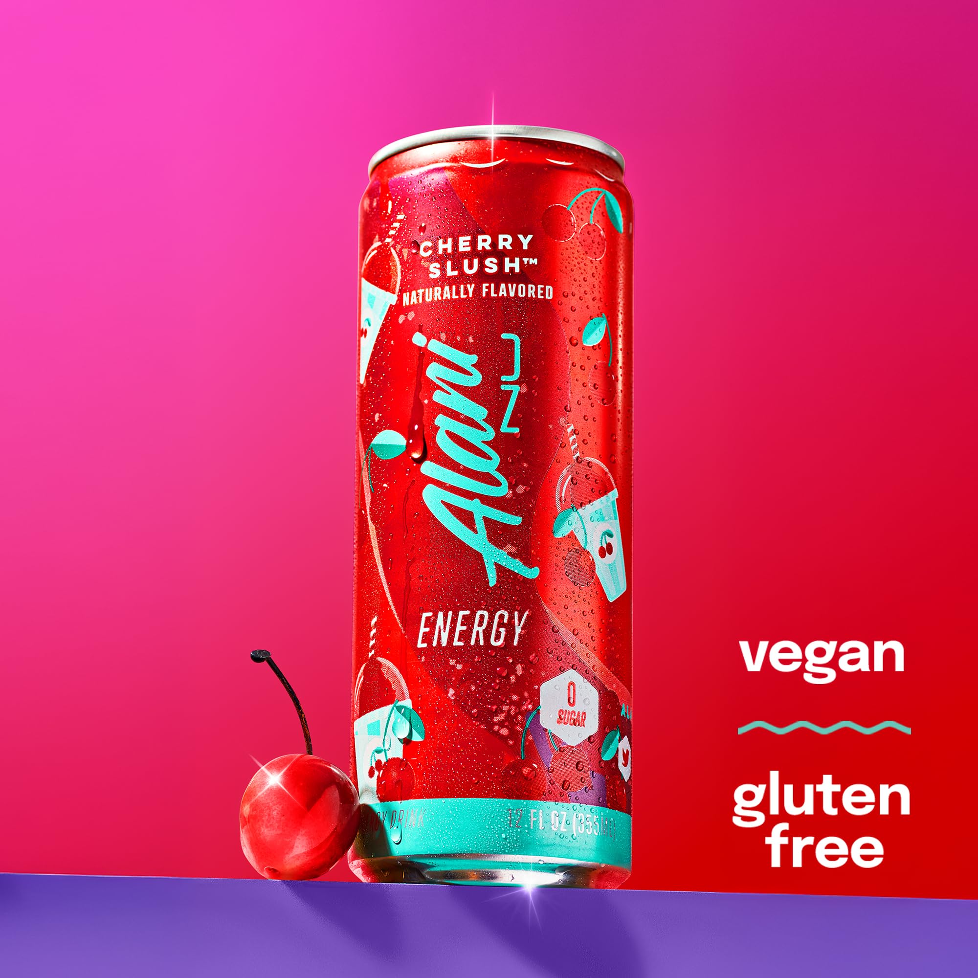 Alani Nu Cherry Slush bottle close-up with label emphasizing antioxidants.