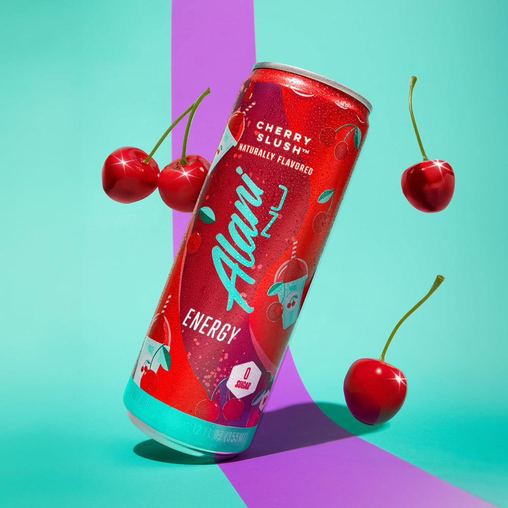 Alani Nu Cherry Slush bottle zoom reveals vegan and gluten-free formula.
