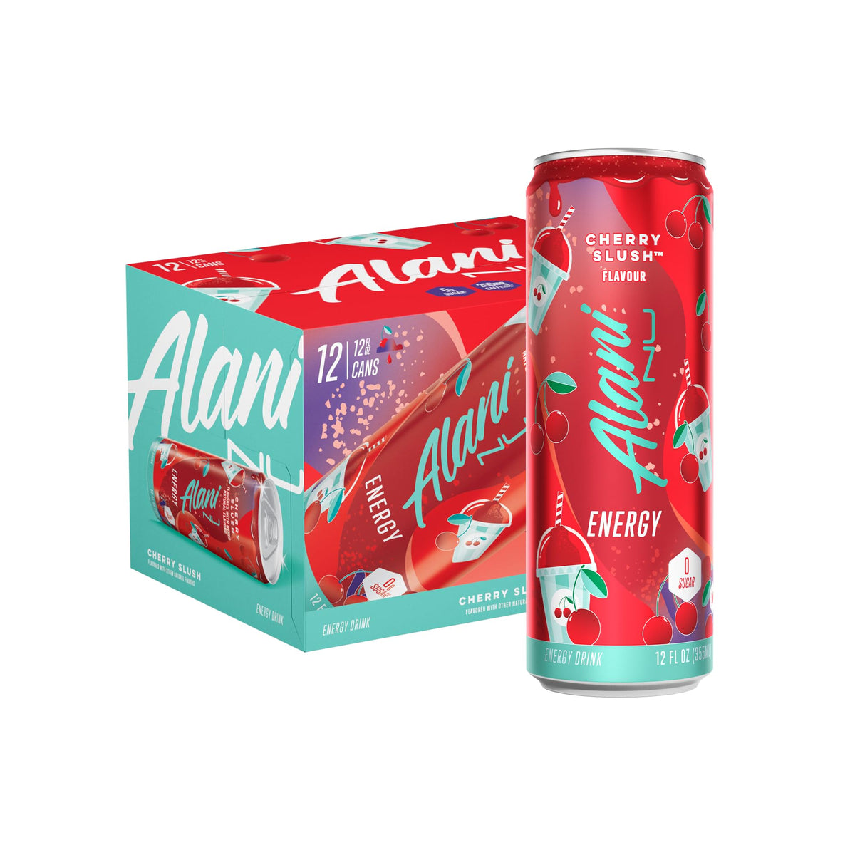 Alani Nu Cherry Slush can front view for a zero sugar energy boost.