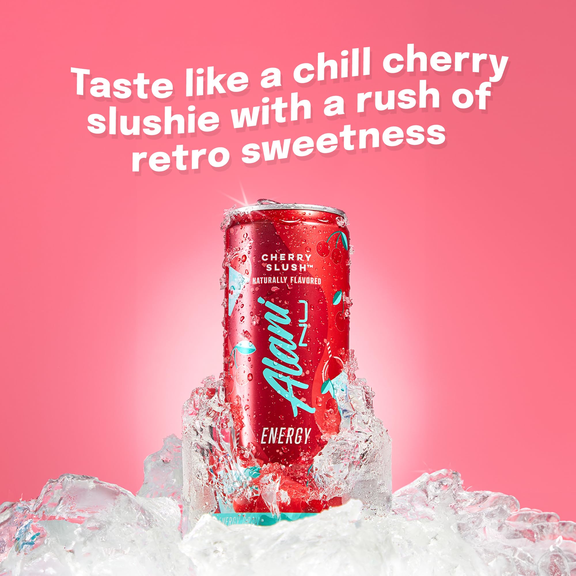 Alani Nu Cherry Slush can side view highlighting zero sugar and on-the-go energy.