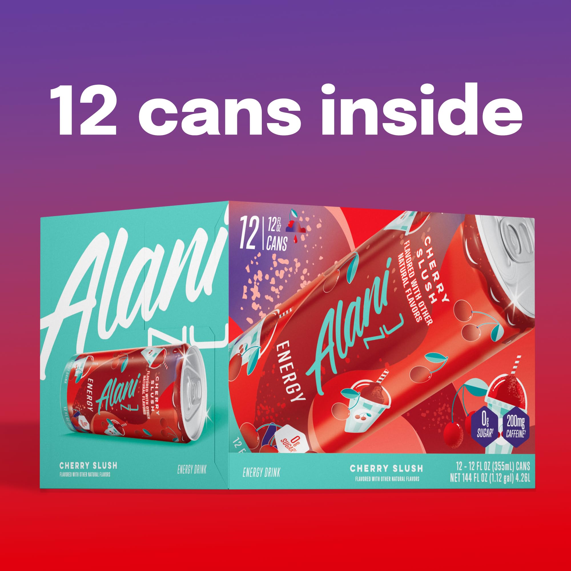 Alani Nu Cherry Slush glass with ice suggests refreshing low-calorie treat.