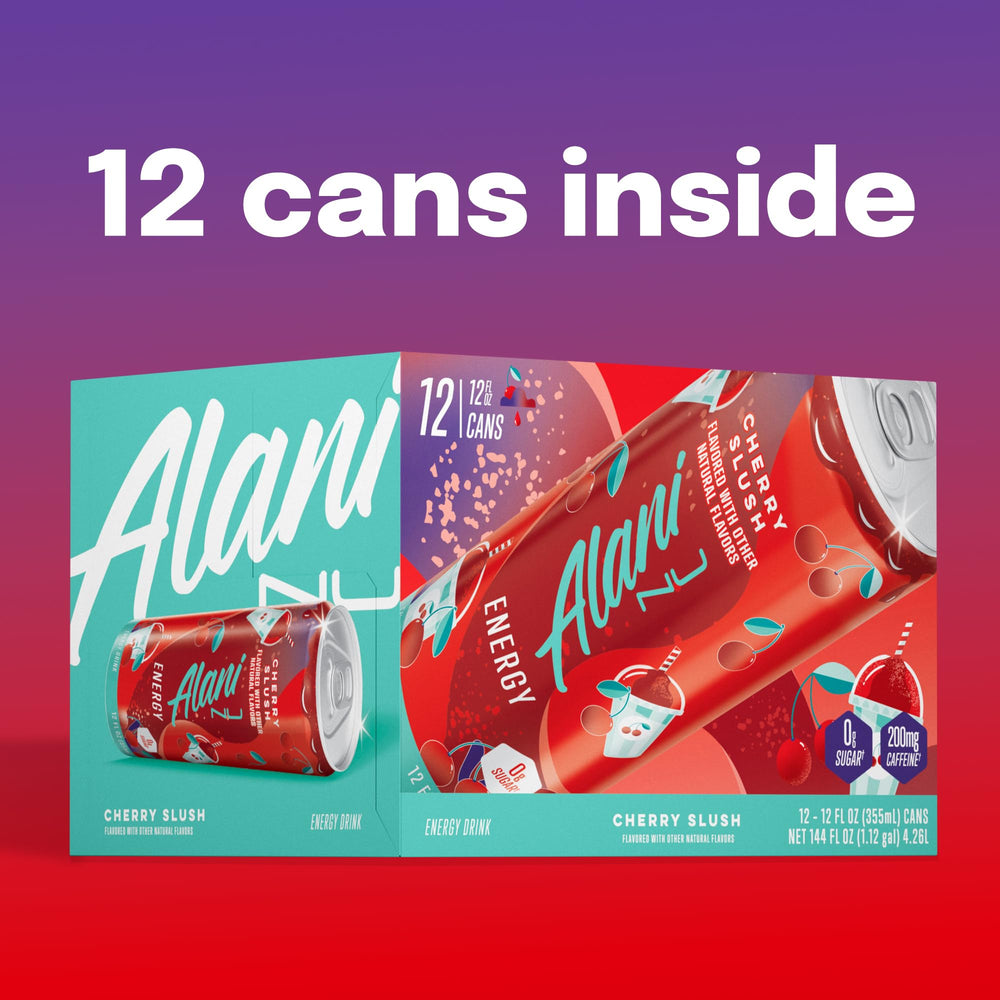 Alani Nu Cherry Slush glass with ice suggests refreshing low-calorie treat.