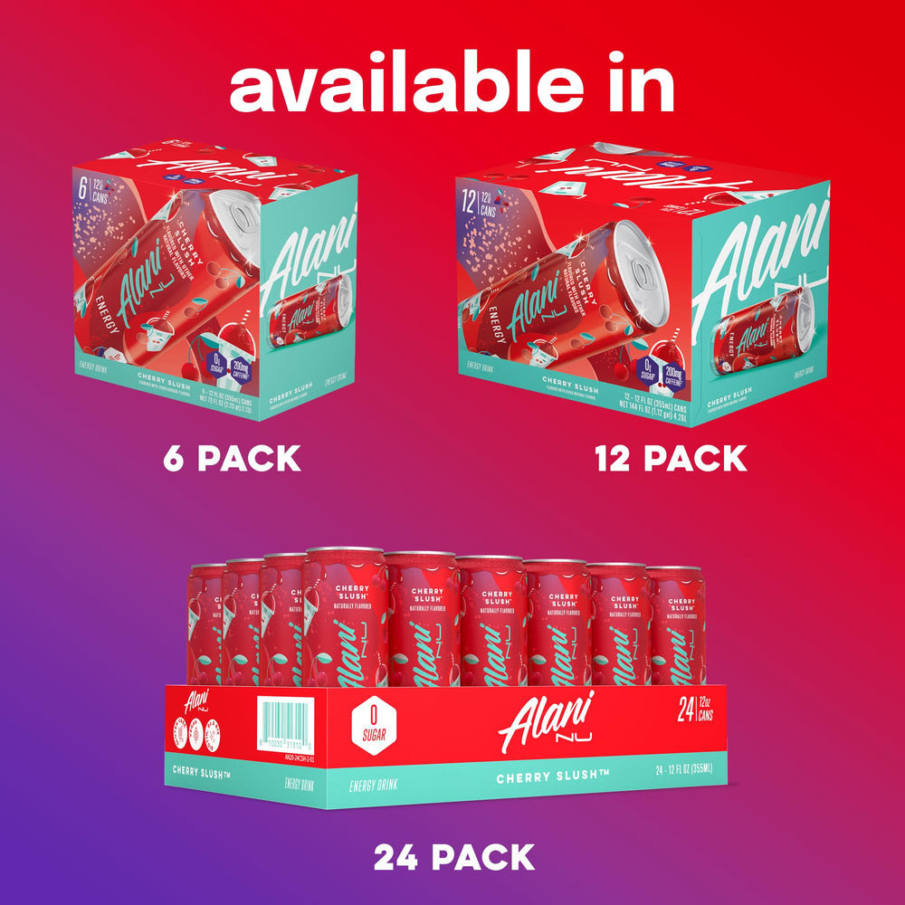 Alani Nu Cherry Slush package shot signals convenient 12-ounce can.