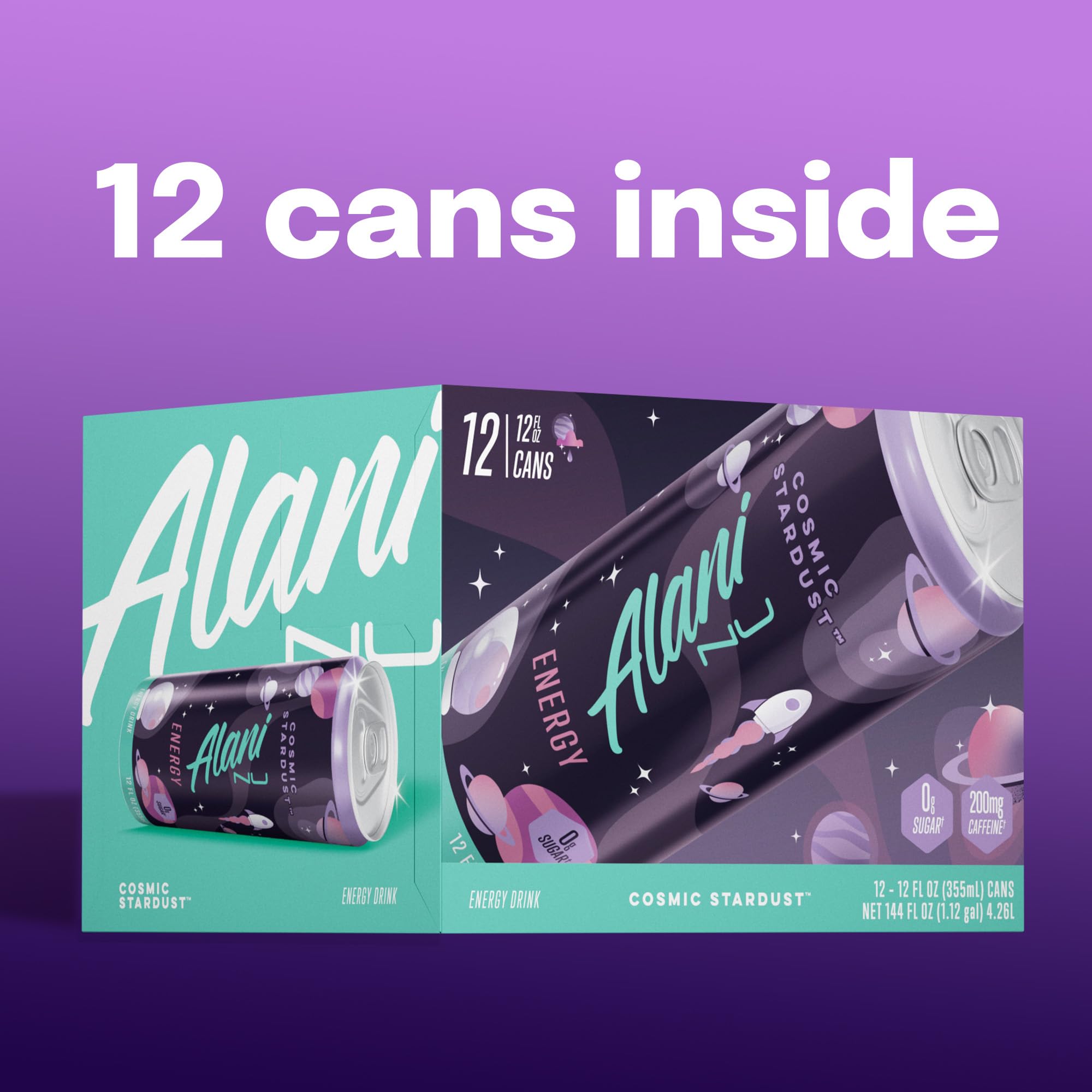 Alani Nu Cosmic Stardust 12-pack display for convenient on-the-go energy supply.