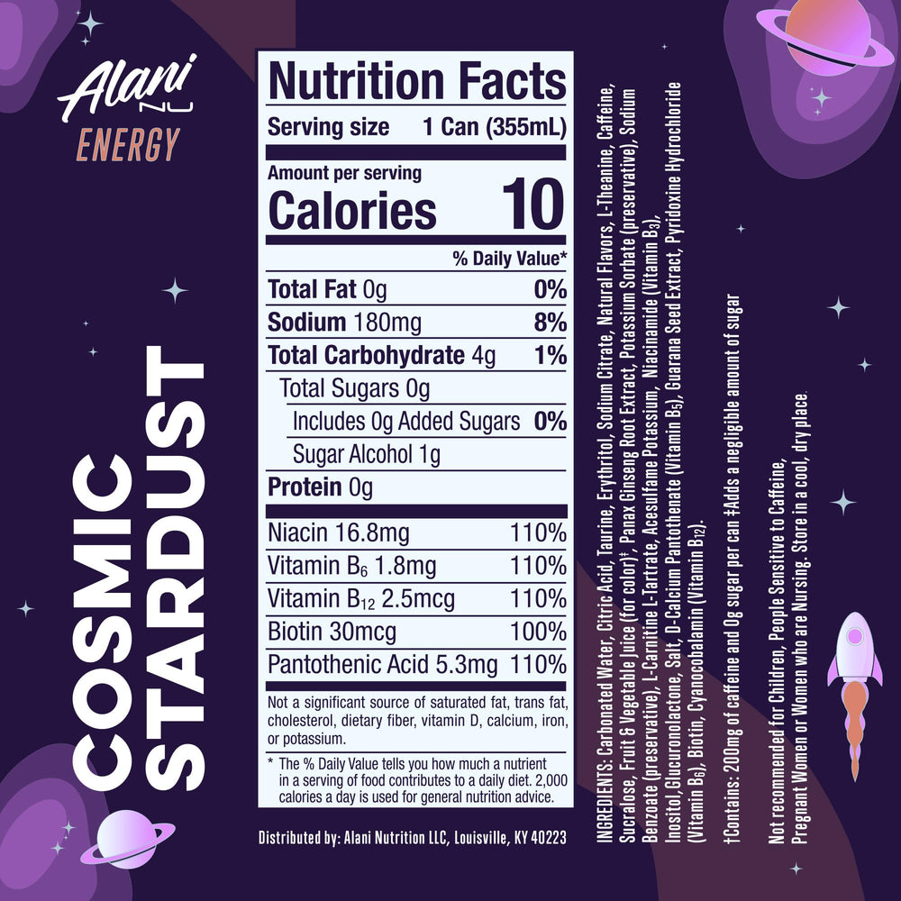 Alani Nu Cosmic Stardust can being poured showing flavor and caffeine
