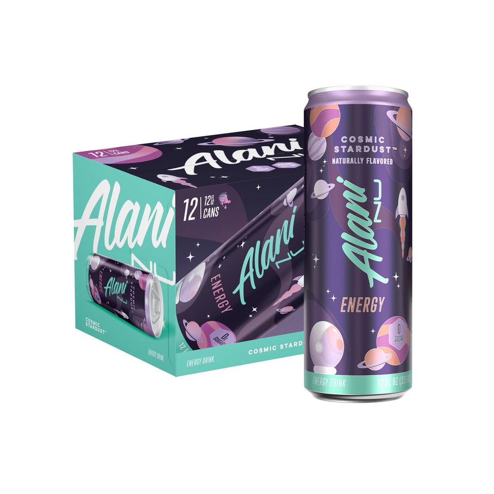 Alani Nu Cosmic Stardust can highlighting zero sugar and bold flavor for a refreshing boost.