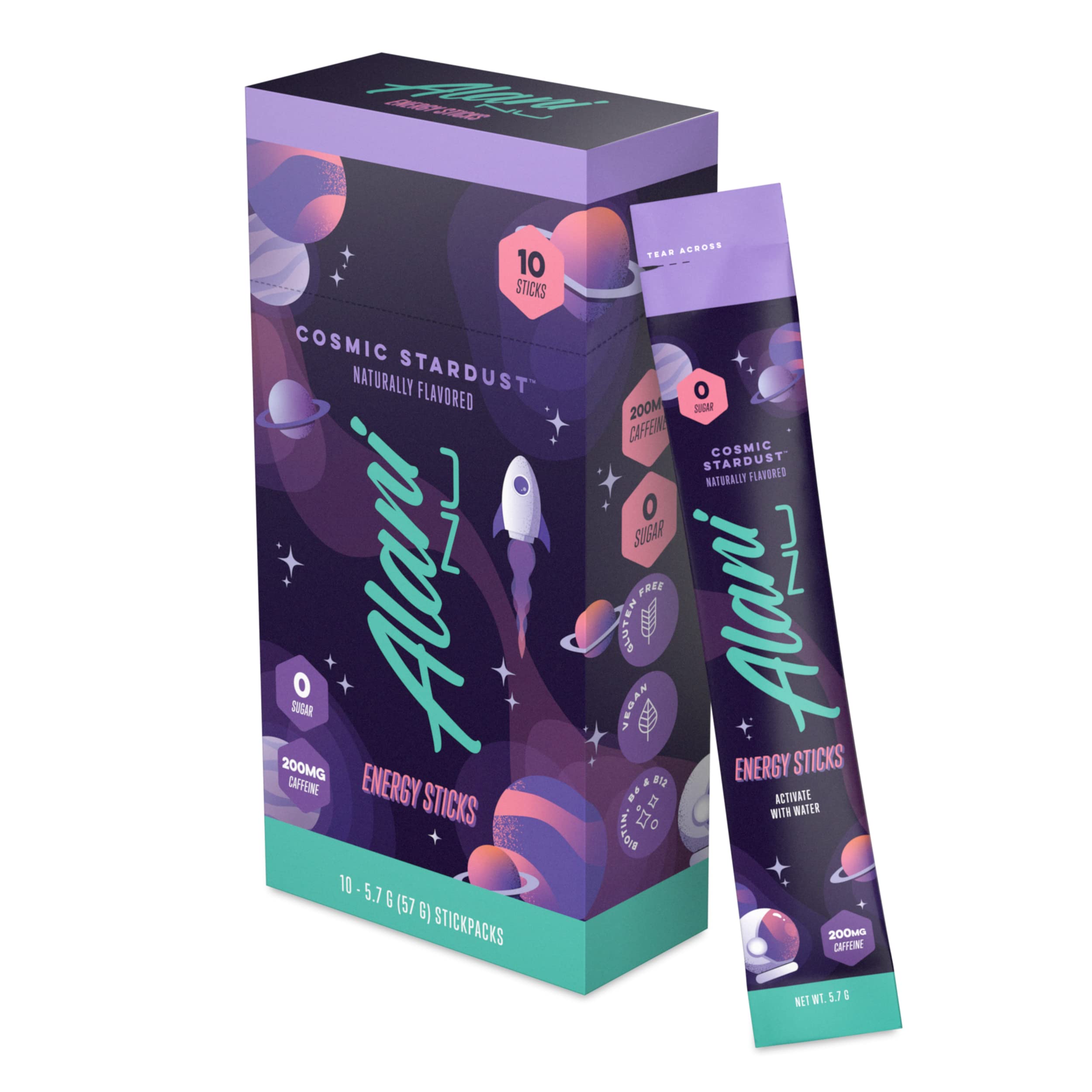 Alani Nu Cosmic Stardust energy-stick pack close-up for portable on-the-go energy.