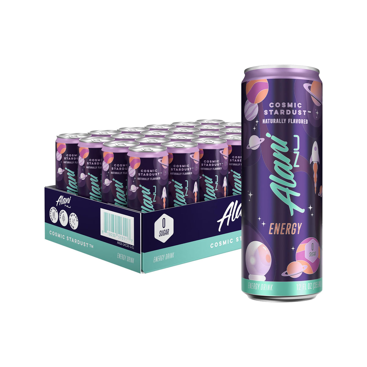 Alani Nu Cosmic Stardust front view can with sugar-free energy label