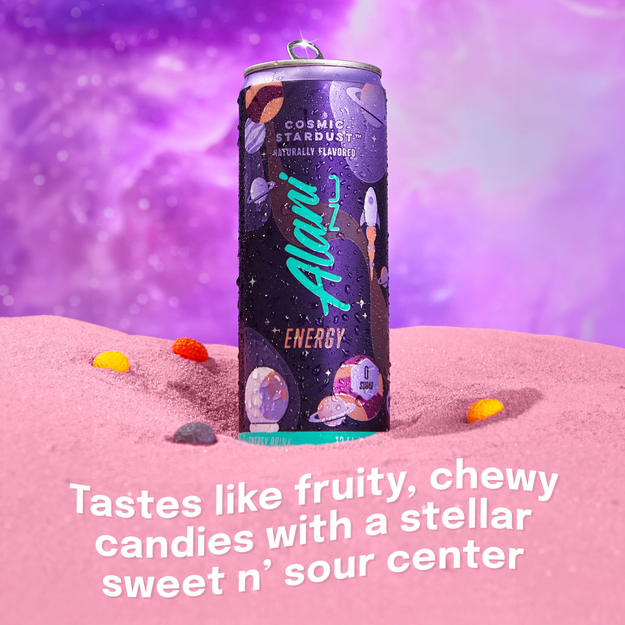 Alani Nu Cosmic Stardust pour-action capturing quick caffeine lift without calories.