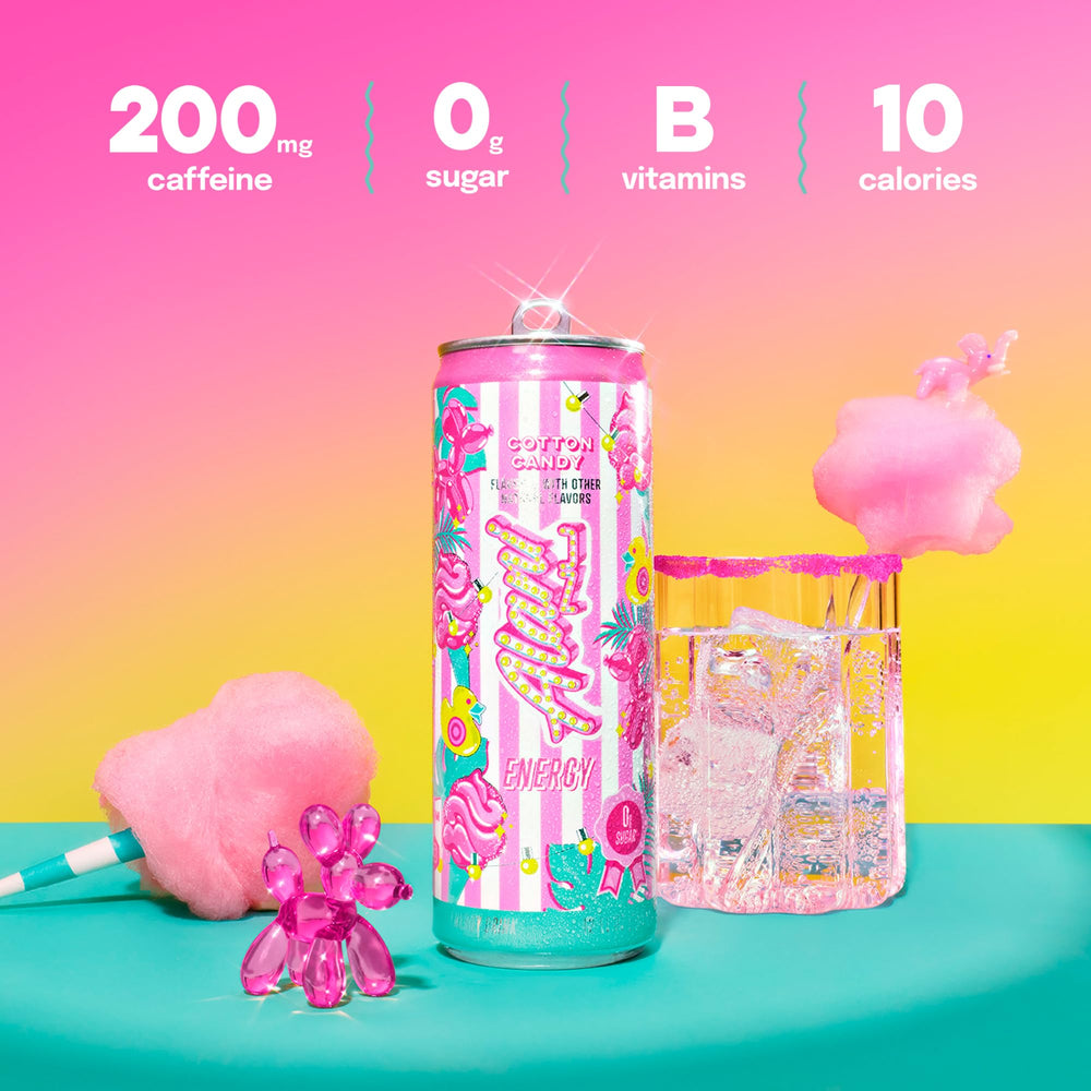Alani Nu Cotton Candy energy 24-pack front displays convenient bulk option