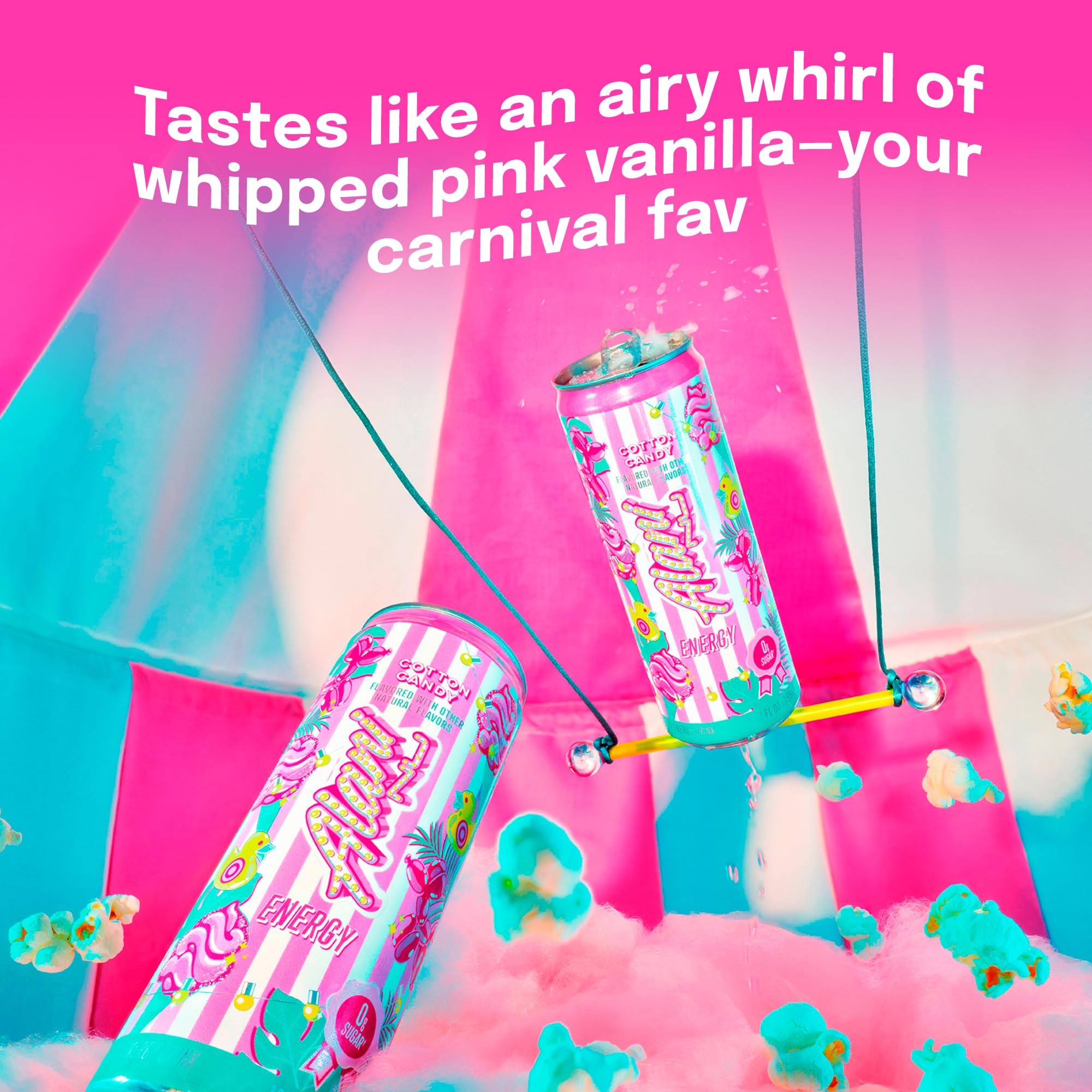 Alani Nu Cotton Candy energy can side angle highlights caffeine boost