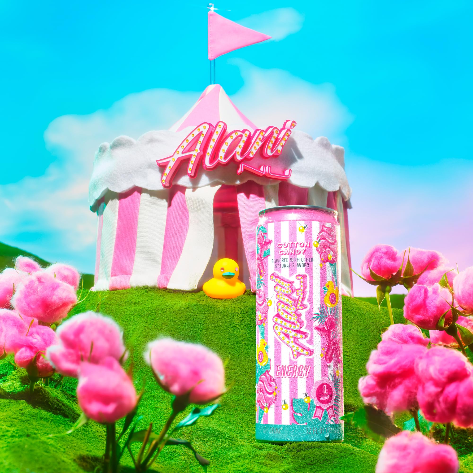 Alani Nu Cotton Candy energy glass with can ready for a quick pick-me-up