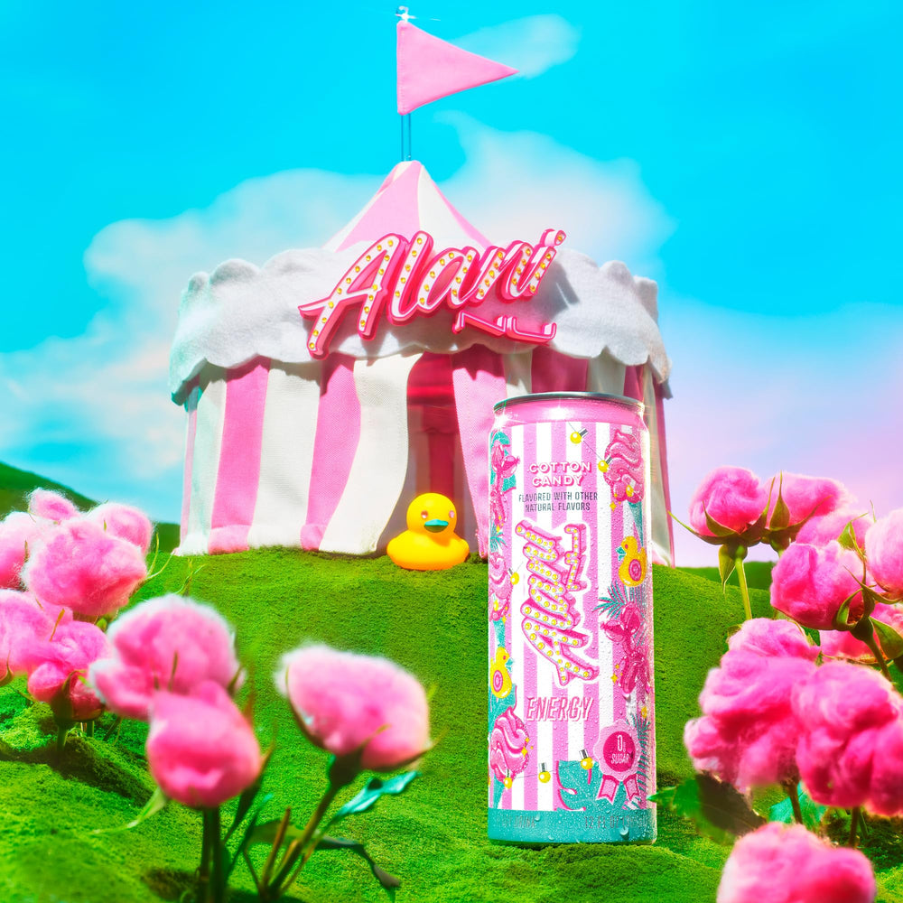 Alani Nu Cotton Candy energy glass with can ready for a quick pick-me-up