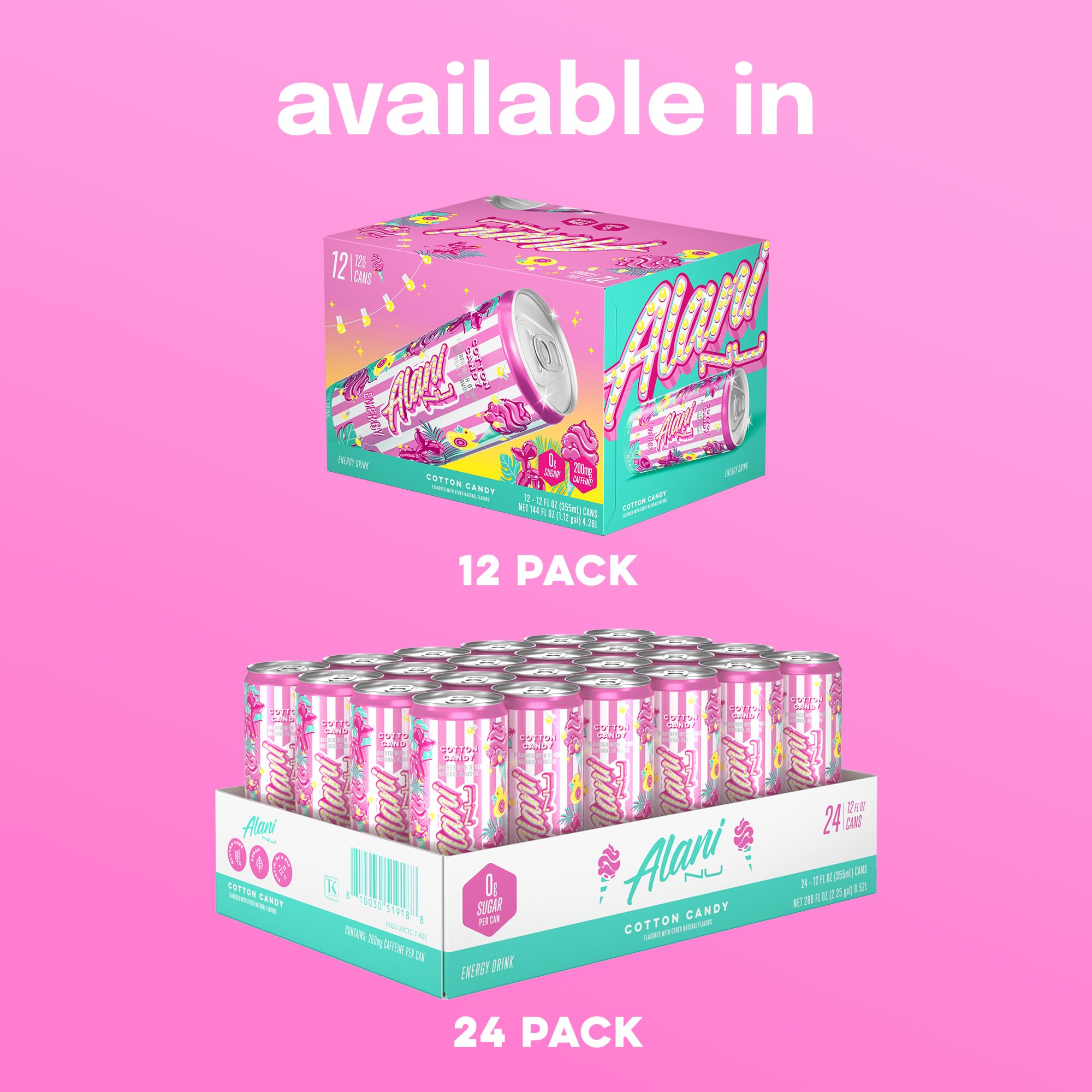 Alani Nu Cotton Candy energy label closeup shows vegan, gluten-free claim