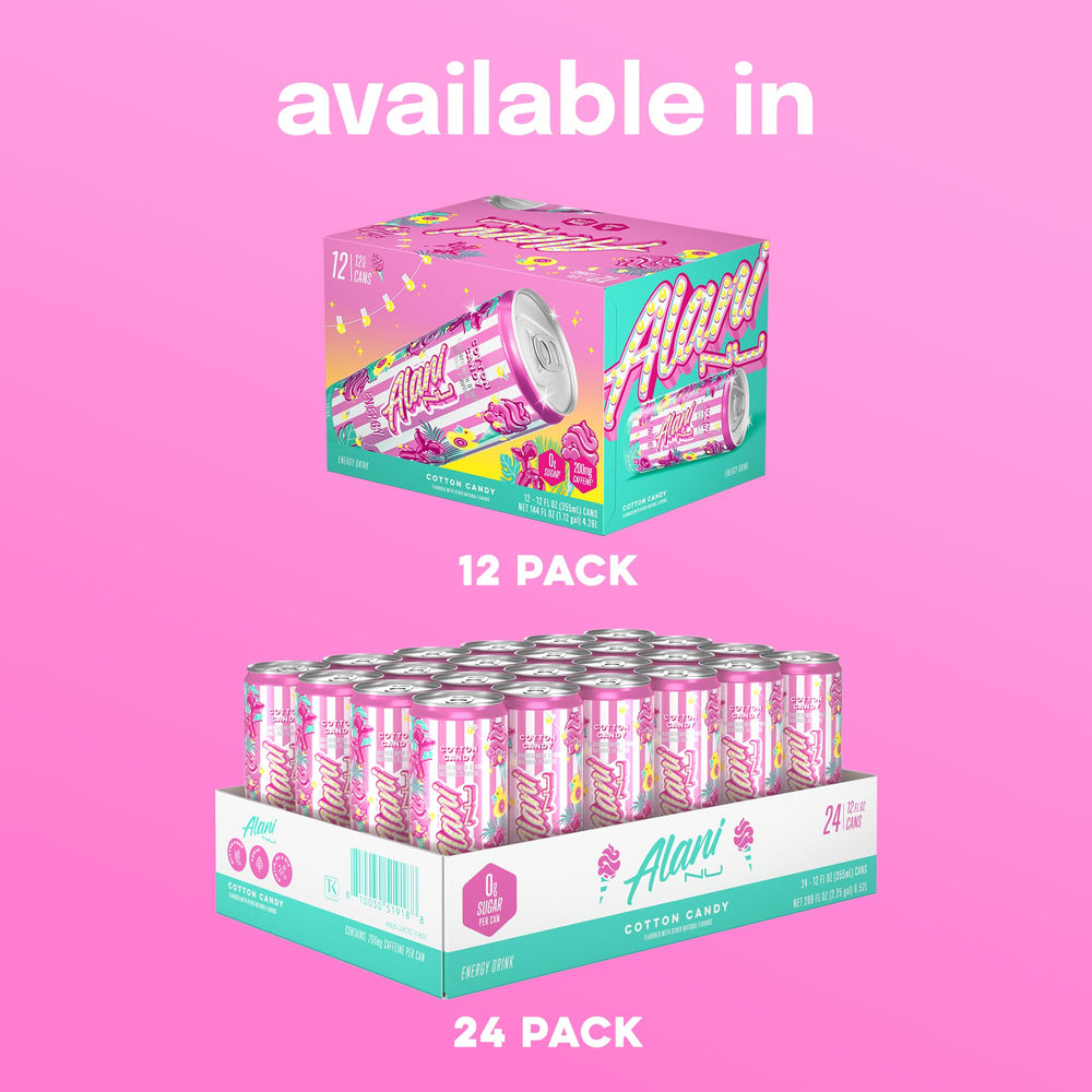 Alani Nu Cotton Candy energy label closeup shows vegan, gluten-free claim