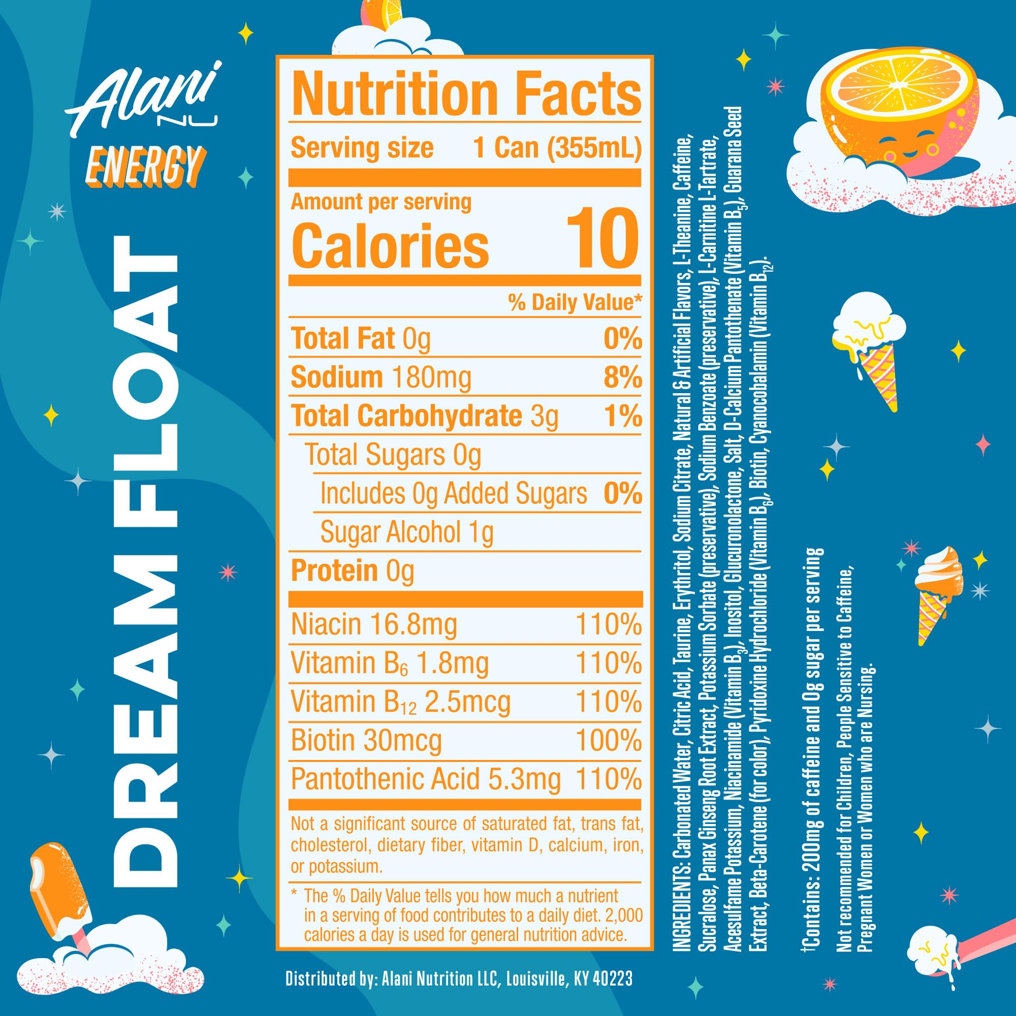 Alani Nu Dream Float can-side highlights label and zero sugar for a lighter boost