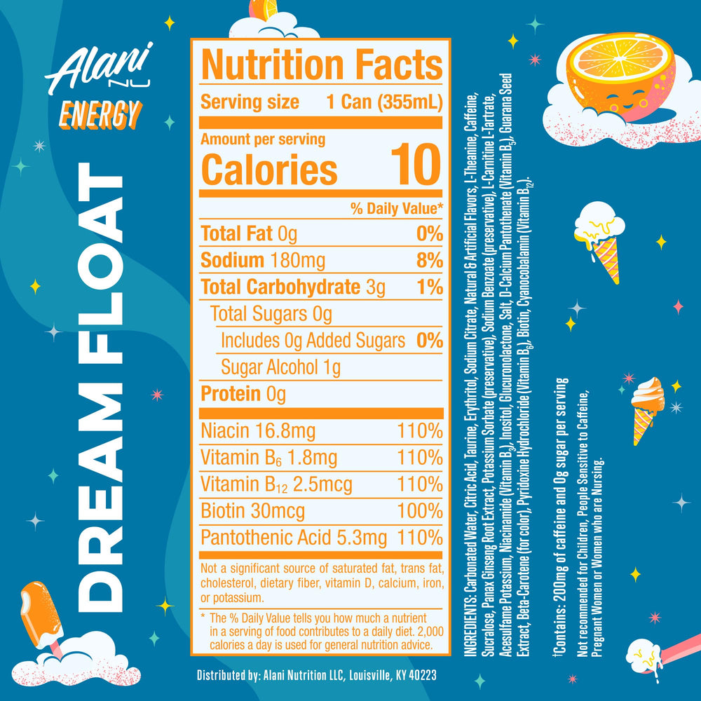 Alani Nu Dream Float can-side highlights label and zero sugar for a lighter boost