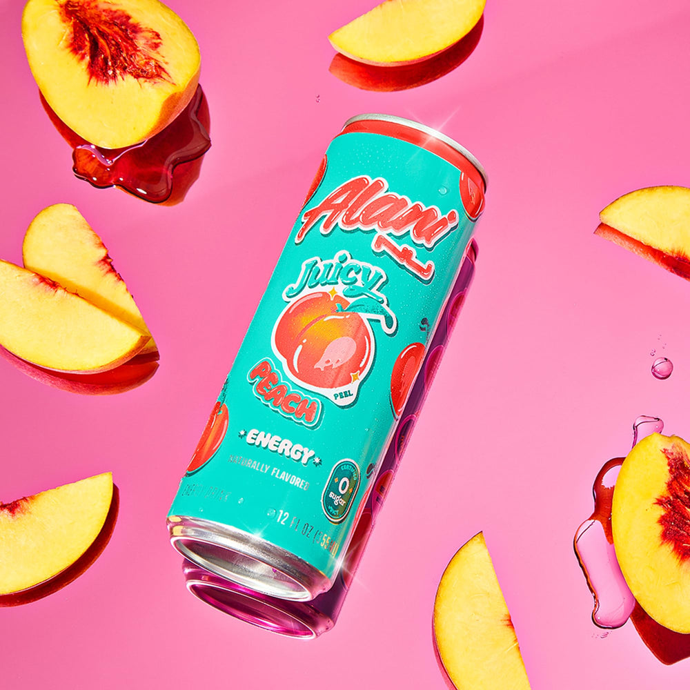 Alani Nu Juicy Peach bubbles fizz, refreshing energy with no artificial colors